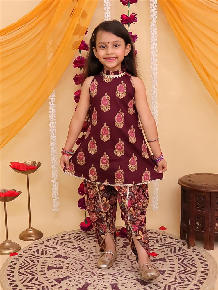 Ajrakh Printed High Neck Sleevless Kurta with Dhoti Set