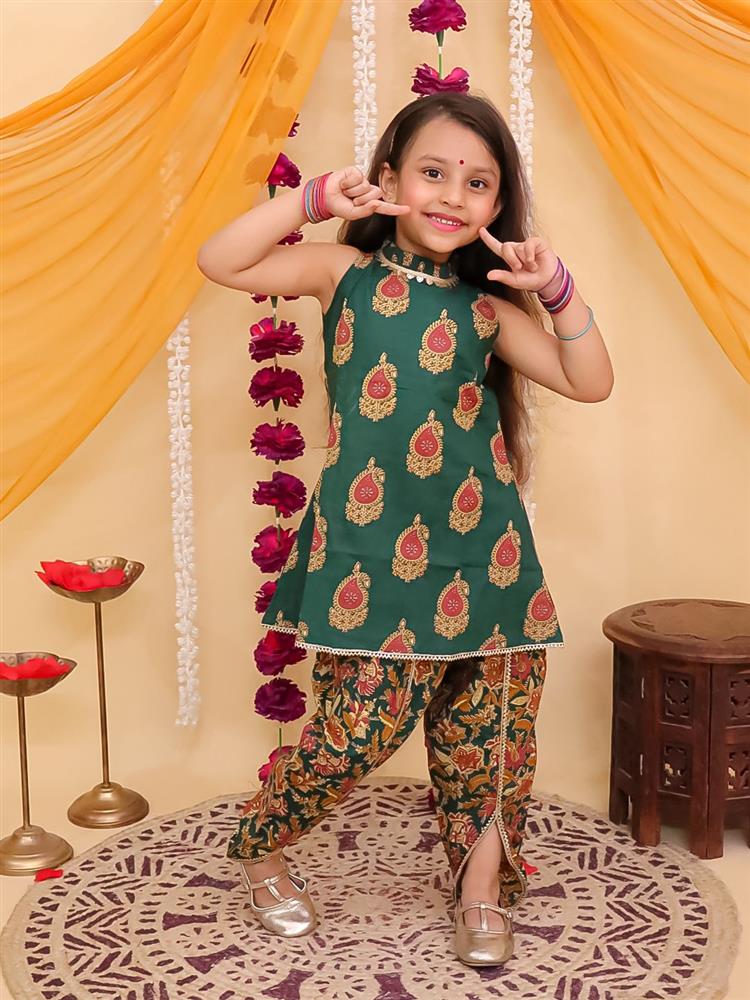 Ajrakh Printed High Neck Sleevless Kurta with Dhoti Set