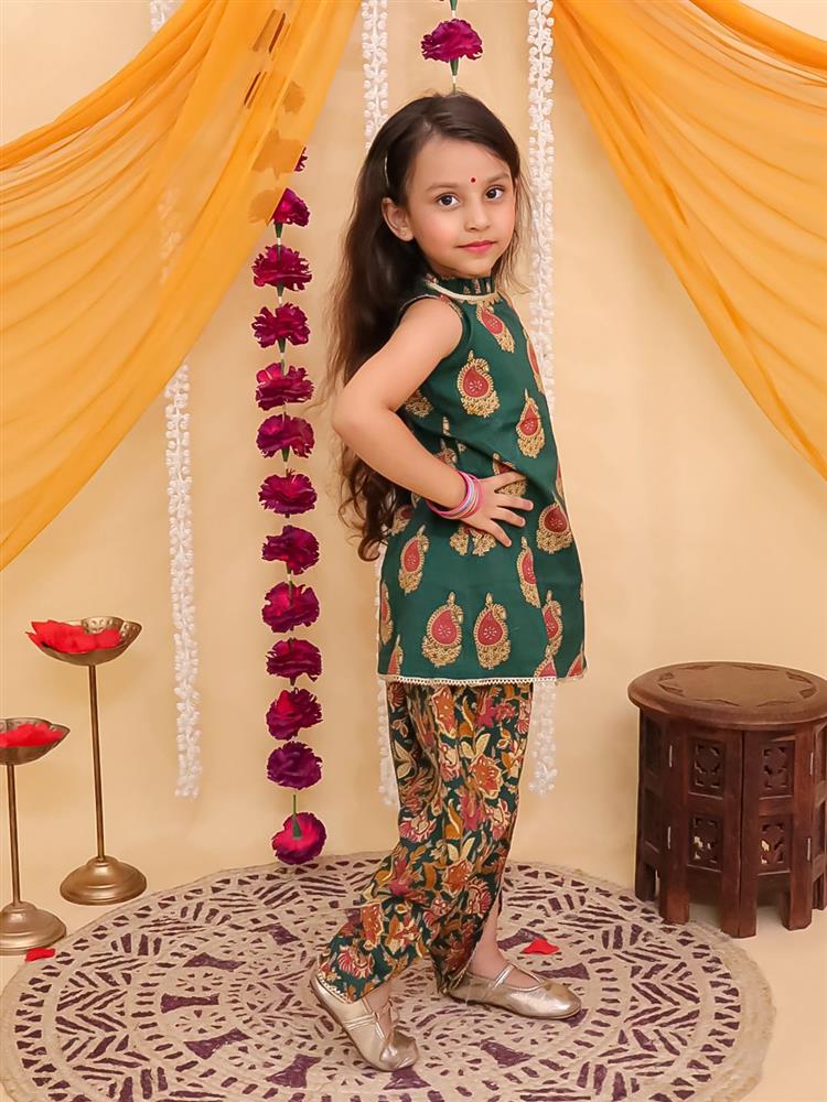 Ajrakh Printed High Neck Sleevless Kurta with Dhoti Set