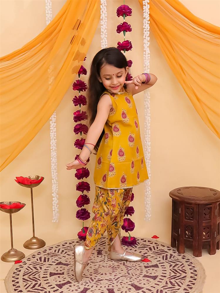 Ajrakh Printed High Neck Sleevless Kurta with Dhoti Set