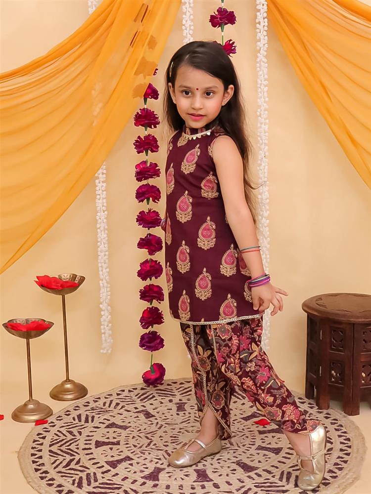 Ajrakh Printed High Neck Sleevless Kurta with Dhoti Set