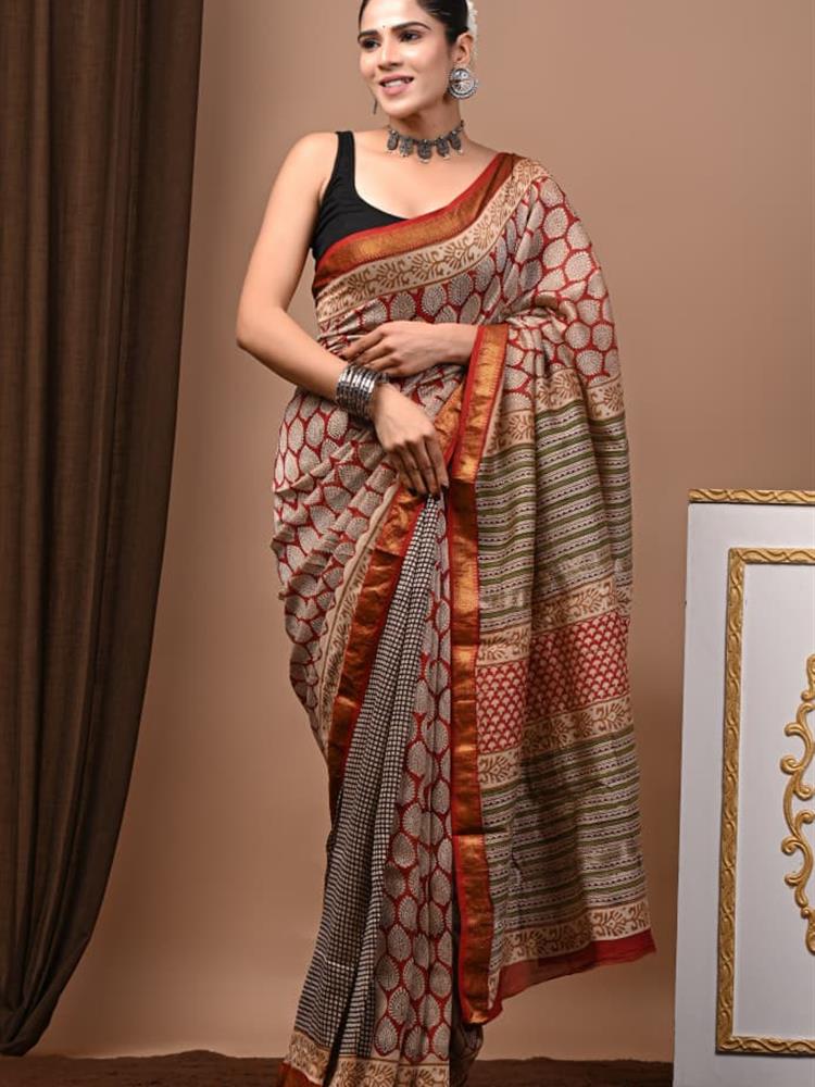 Pure Maheshwari Silk Handblock Saree