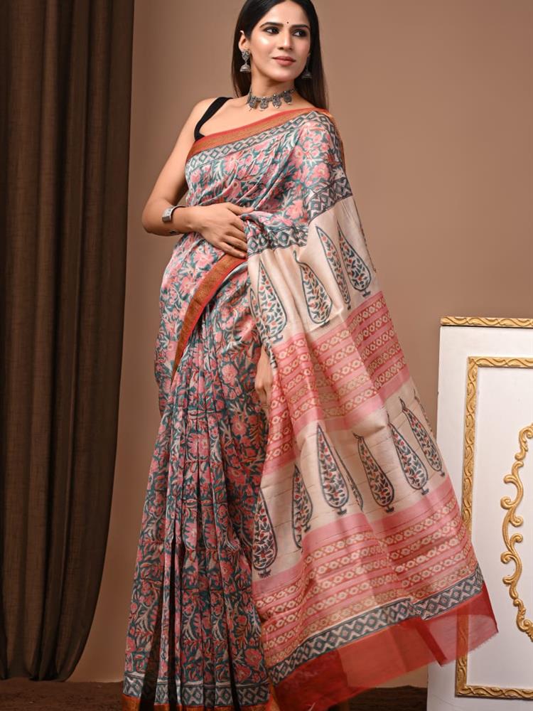 Pure Maheshwari Silk Handblock Saree