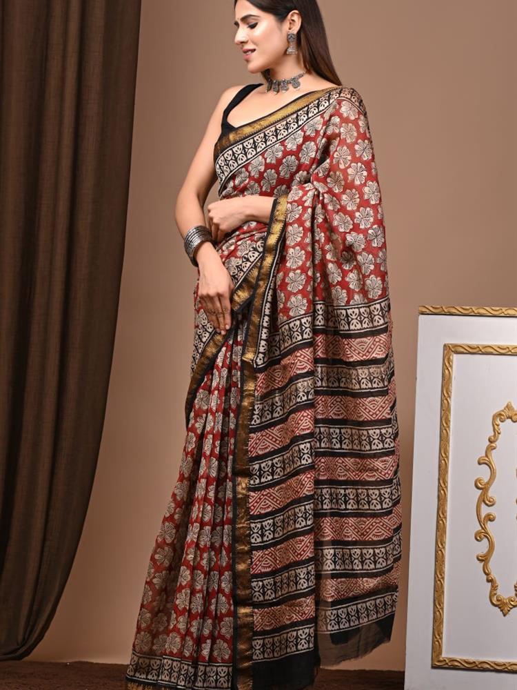 Pure Maheshwari Silk Handblock Saree