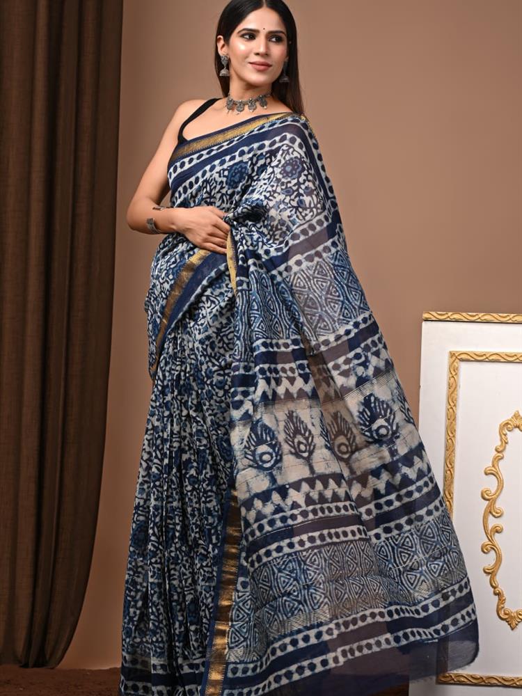 Pure Maheshwari Silk Handblock Saree