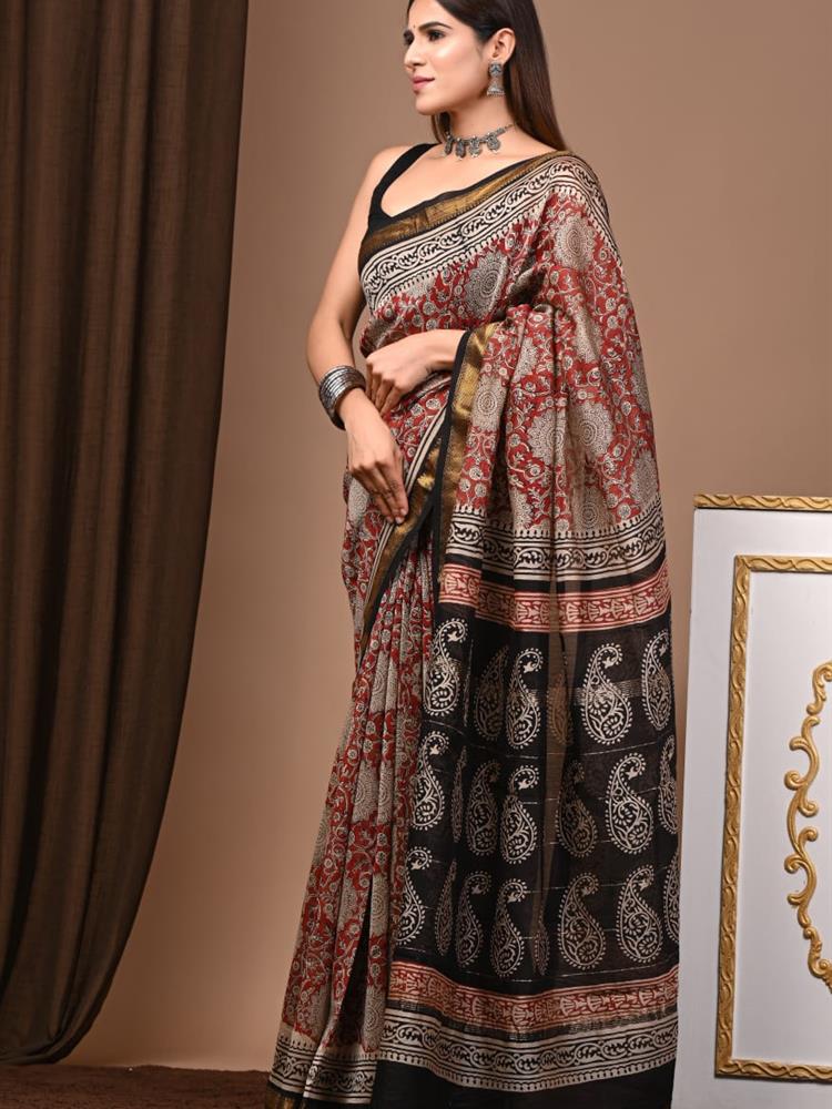 Pure Maheshwari Silk Handblock Saree