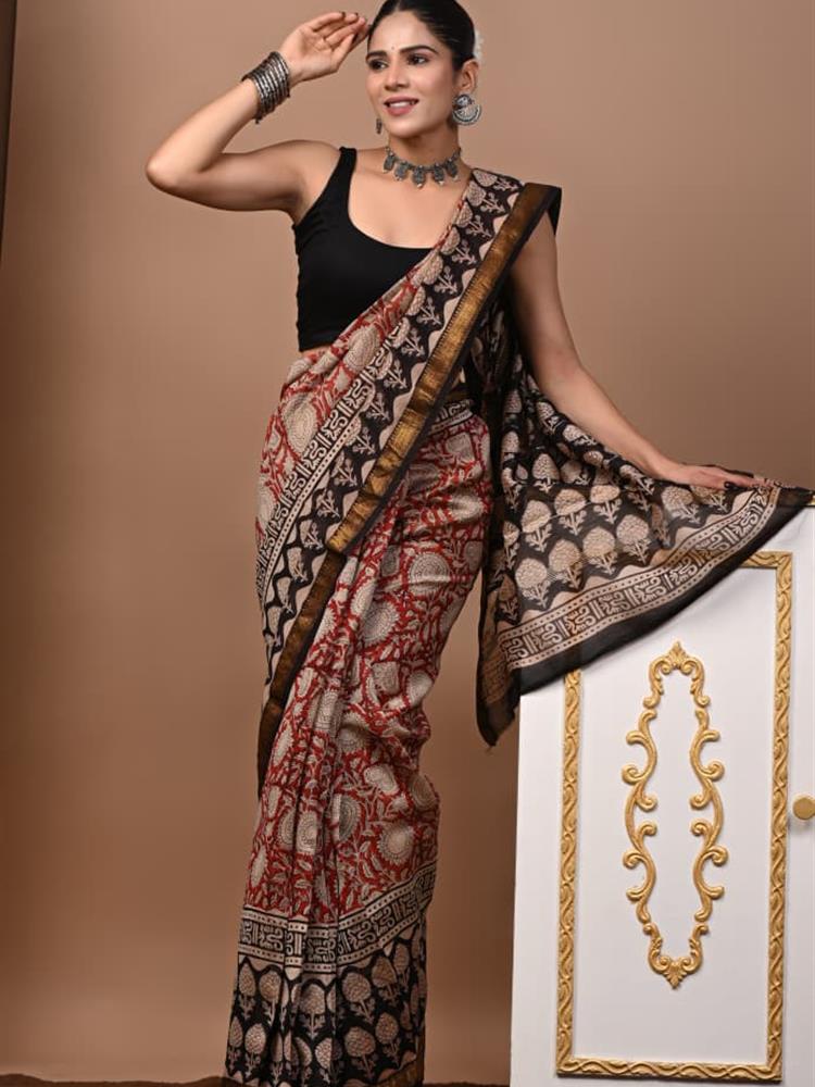 Pure Maheshwari Silk Handblock Saree