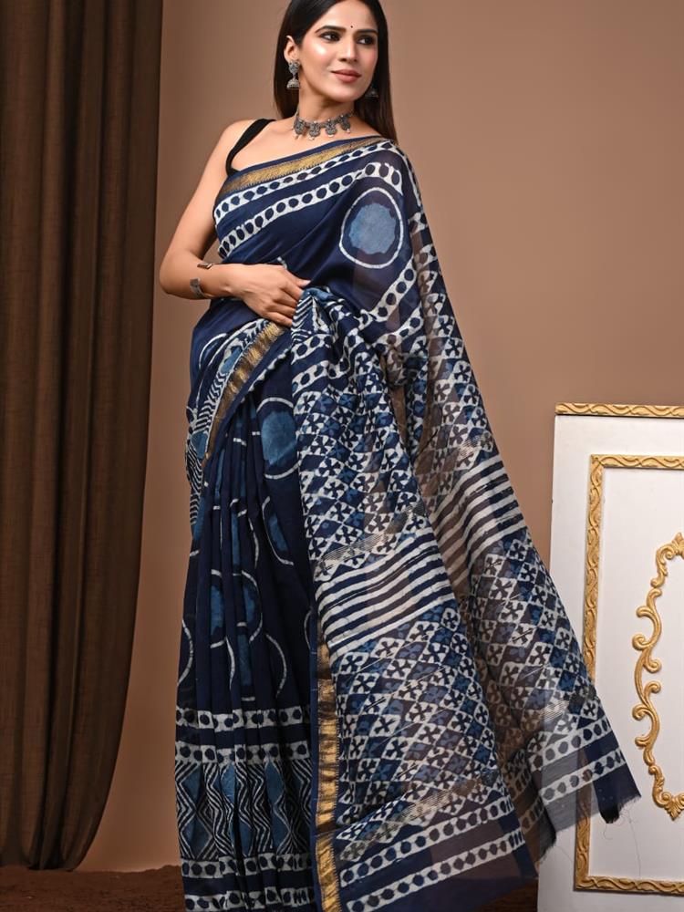 Pure Maheshwari Silk Handblock Saree