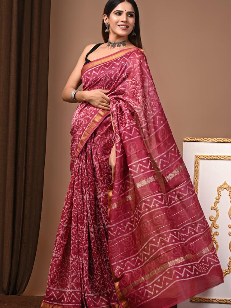 Pure Maheshwari Silk Handblock Saree