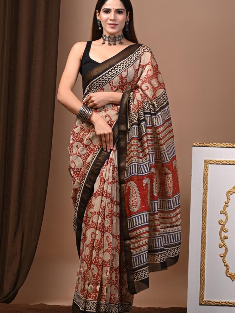 Pure Maheshwari Silk Handblock Saree