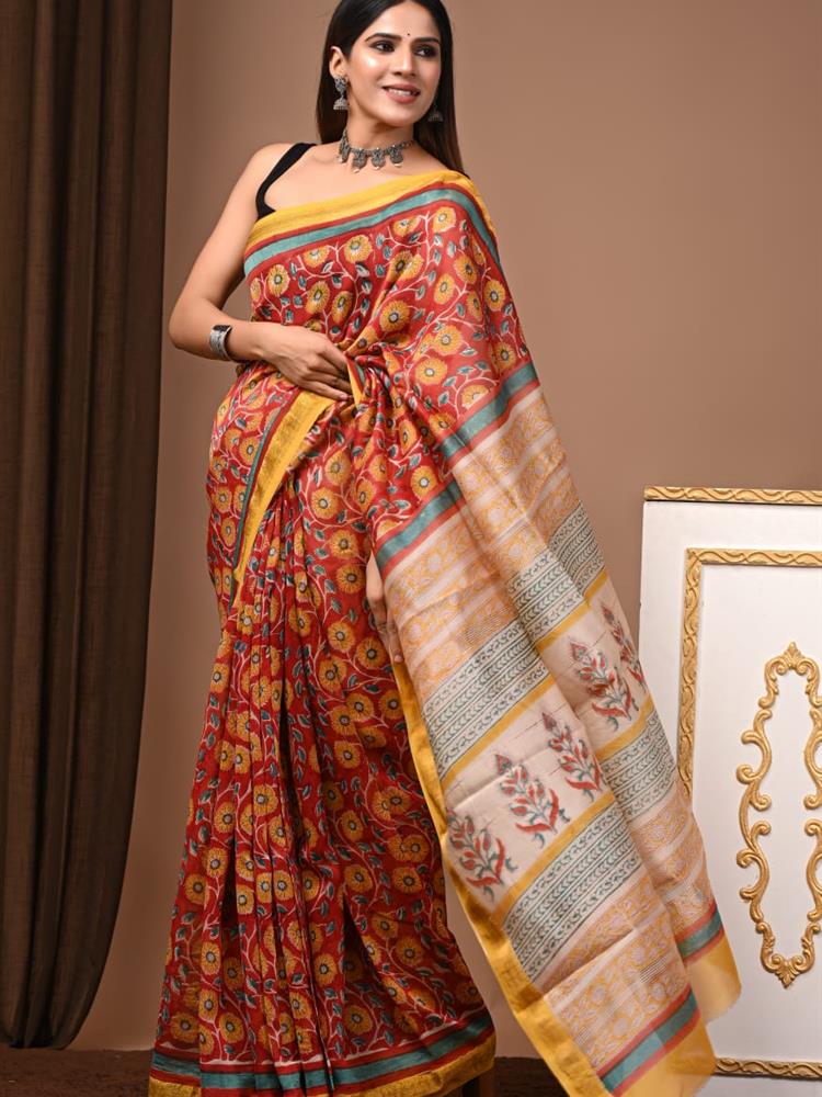 Pure Maheshwari Silk Handblock Saree