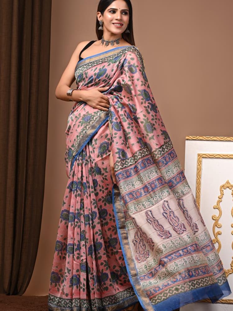 Pure Maheshwari Silk Handblock Saree