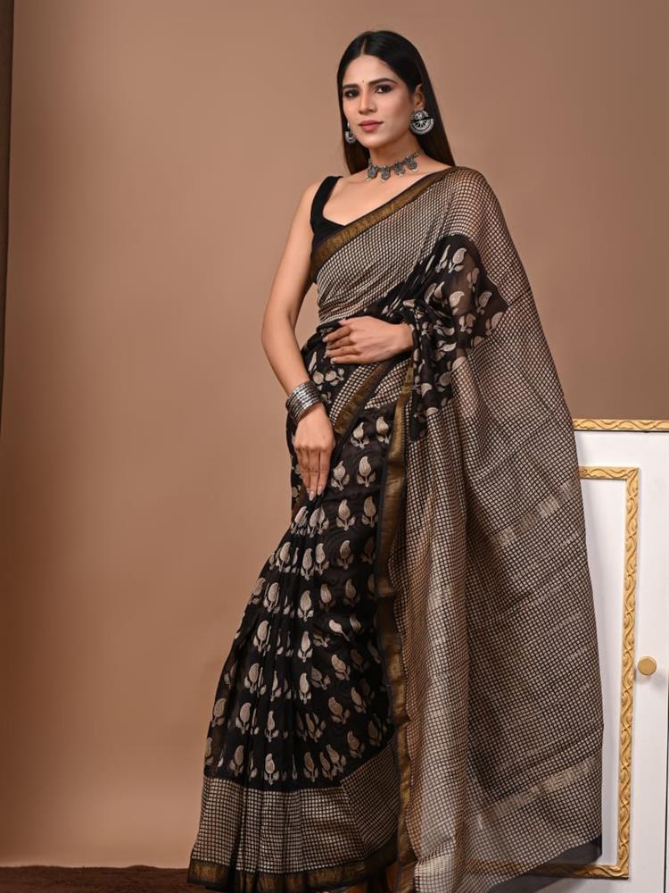 Pure Maheshwari Silk Handblock Saree