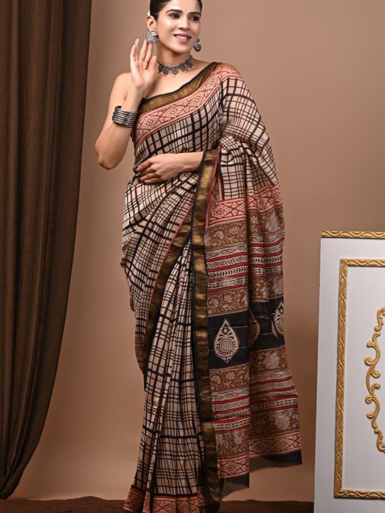 Pure Maheshwari Silk Handblock Saree