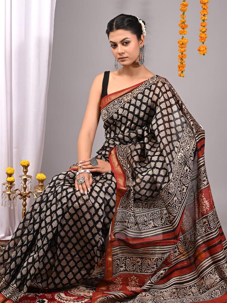 Pure Maheshwari Silk Handblock Saree