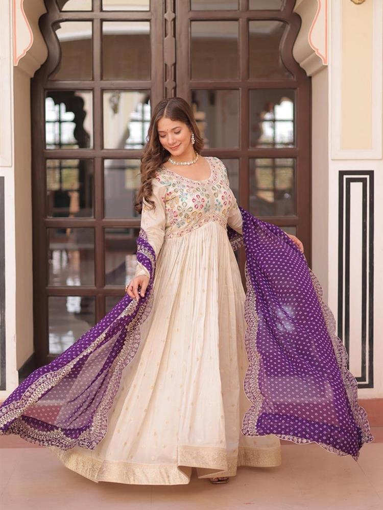 Trending Jequard Gown with Bandhani Dupatta