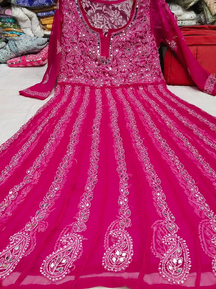 Chikankari Yog Neck Anarkali Kurti Mirrowork