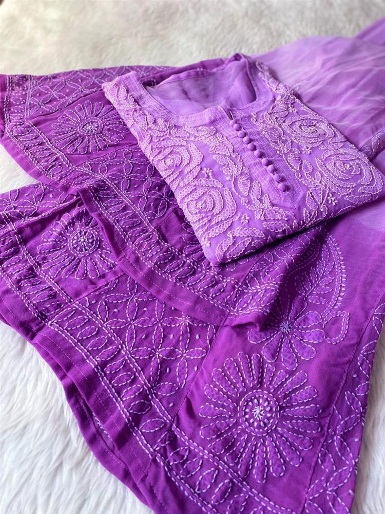 Chikankari Georgette Kurti With Sarara Dupatta Set