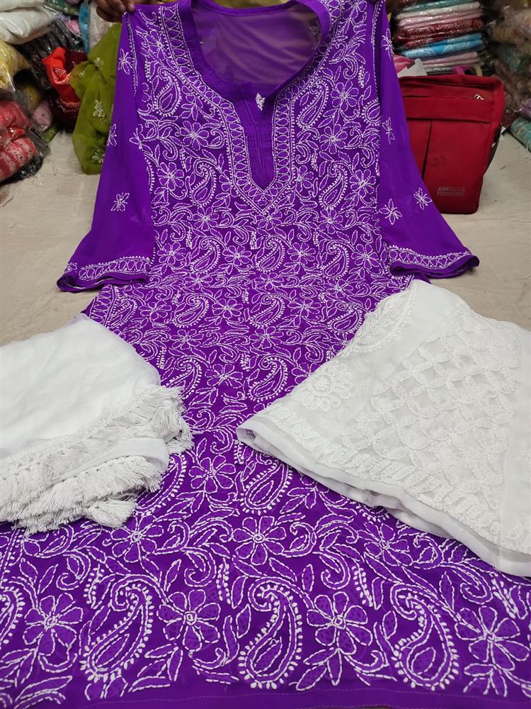 Chikankari Front Jaal Kurti With Sarara Dupatta 