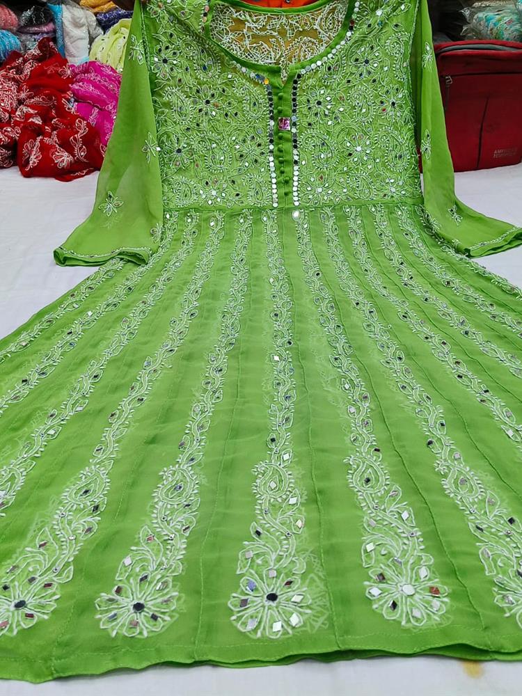 Chikankari Yog Neck Anarkali Kurti Mirrowork