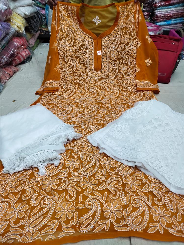 Chikankari Front Jaal Kurti With Sarara Dupatta 