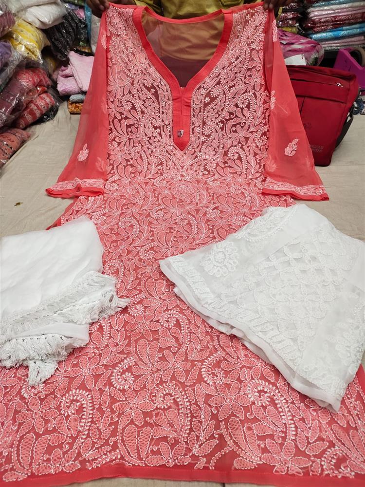 Chikankari Front Jaal Kurti With Sarara Dupatta 