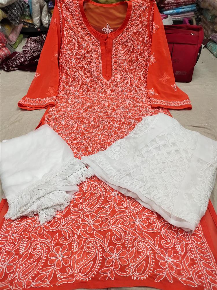 Chikankari Front Jaal Kurti With Sarara Dupatta 