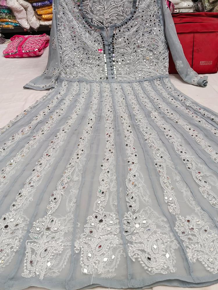 Chikankari Yog Neck Anarkali Kurti Mirrowork
