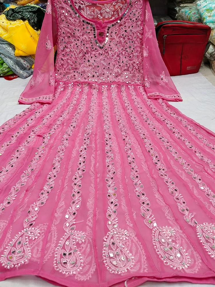Chikankari Yog Neck Anarkali Kurti Mirrowork