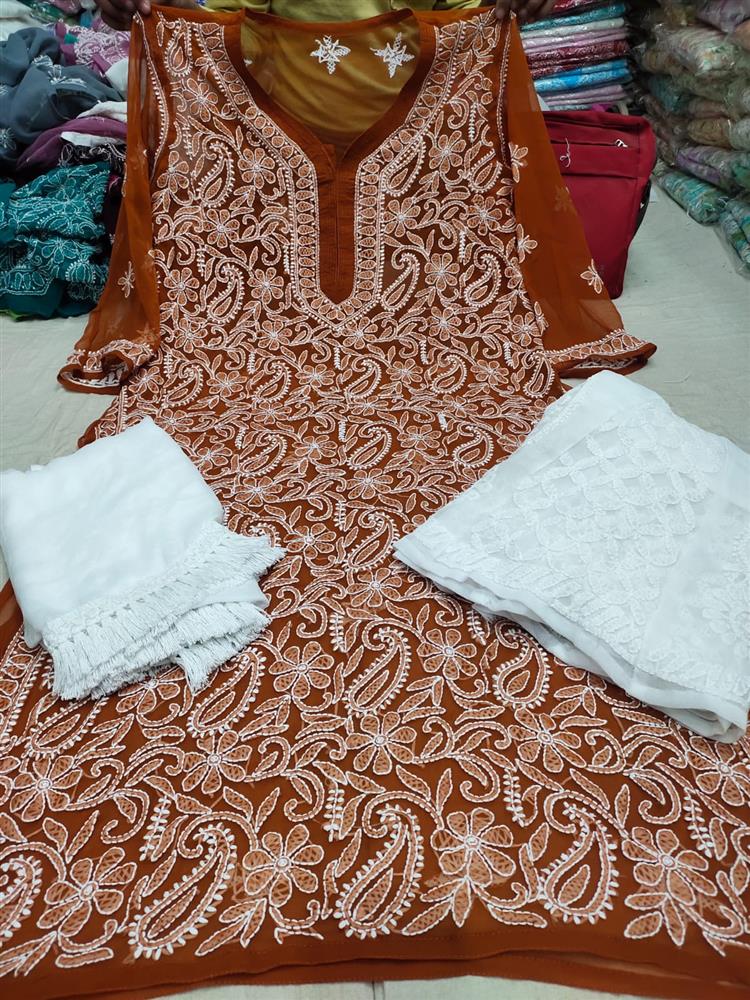 Chikankari Front Jaal Kurti With Sarara Dupatta 