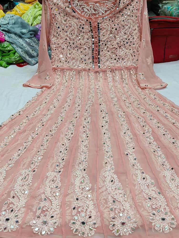 Chikankari Yog Neck Anarkali Kurti Mirrowork
