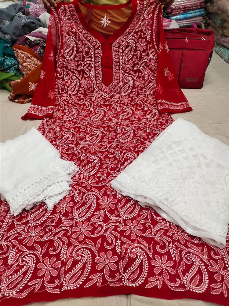 Chikankari Front Jaal Kurti With Sarara Dupatta 