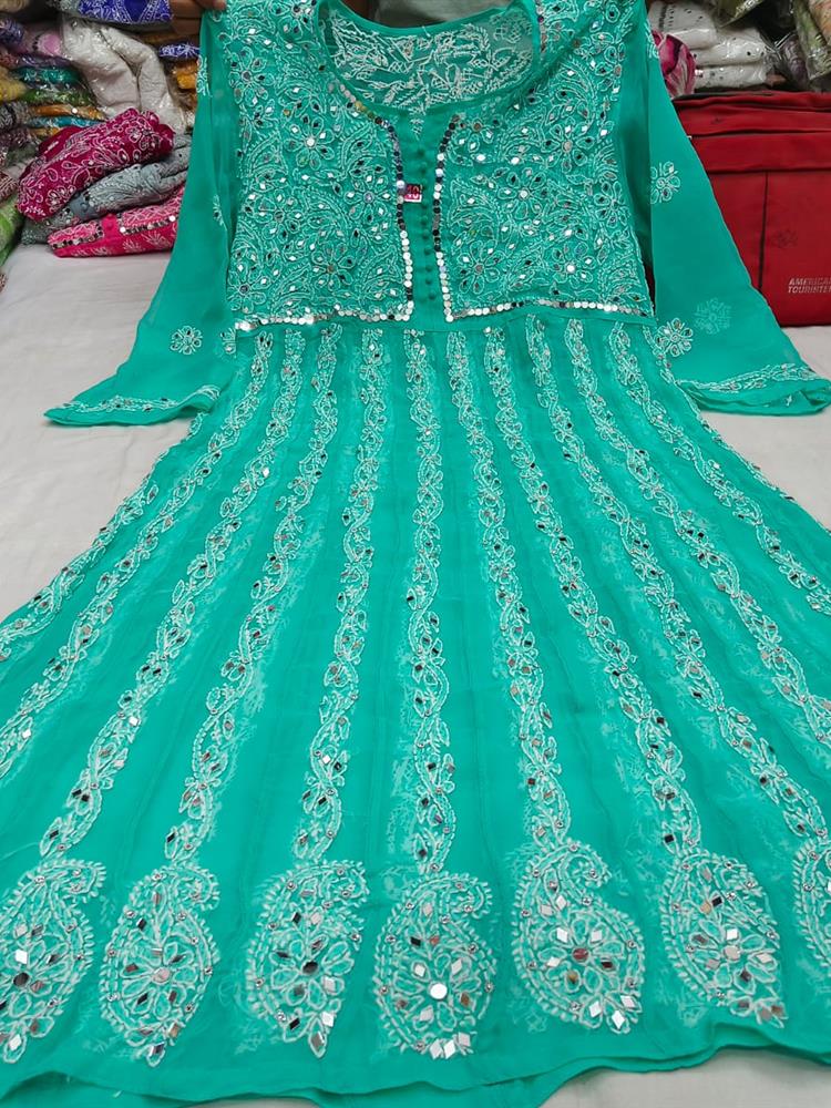Chikankari Yog Neck Anarkali Kurti Mirrowork