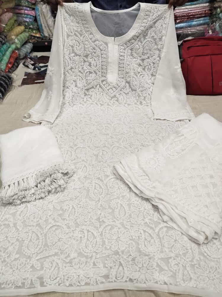 Chikankari Front Jaal Kurti With Sarara Dupatta 