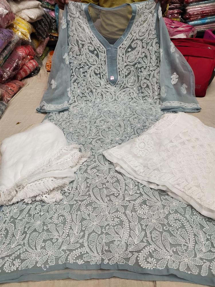 Chikankari Front Jaal Kurti With Sarara Dupatta 