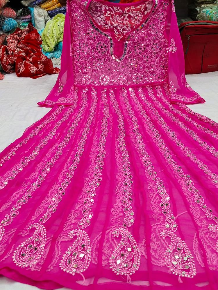 Chikankari Yog Neck Anarkali Kurti Mirrowork