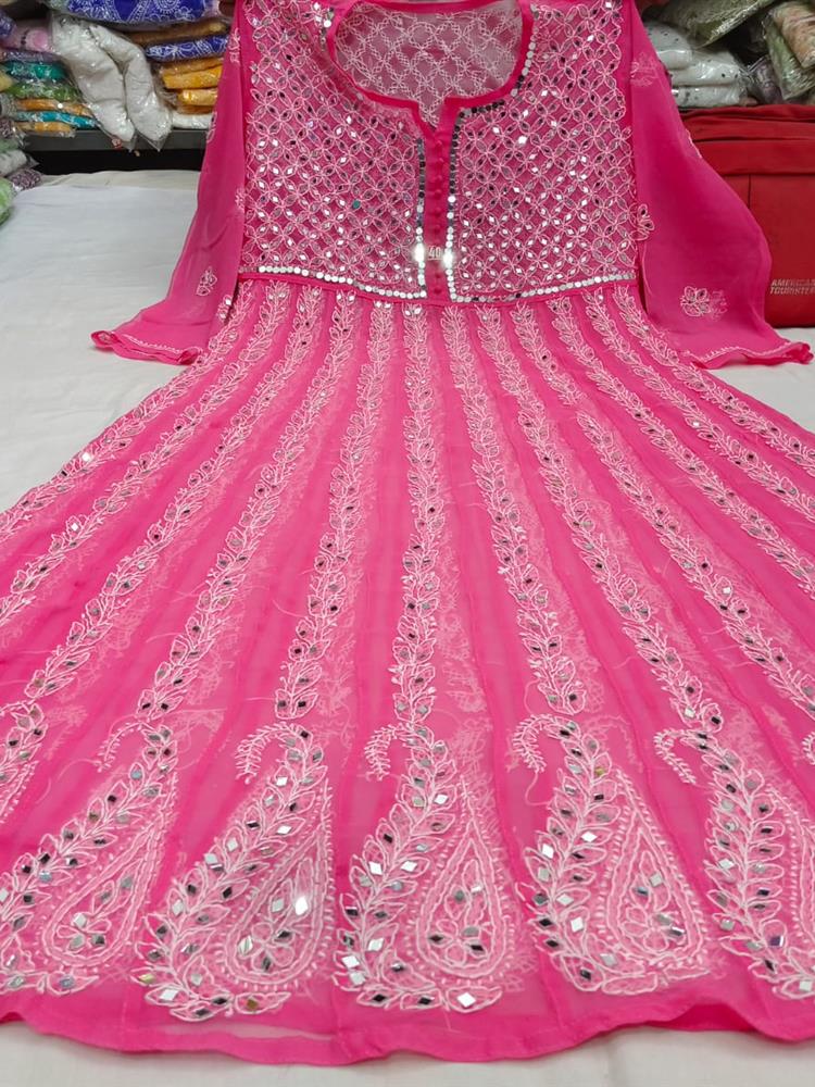 Chikankari Yog Neck Anarkali Kurti Mirrowork