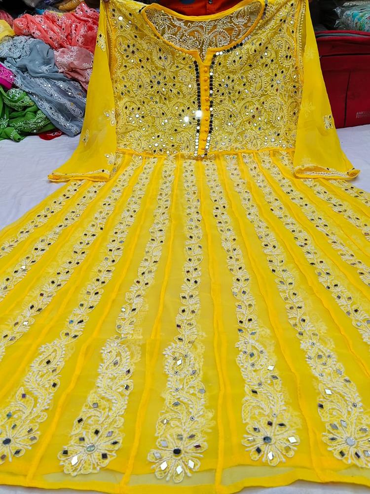 Chikankari Yog Neck Anarkali Kurti Mirrowork