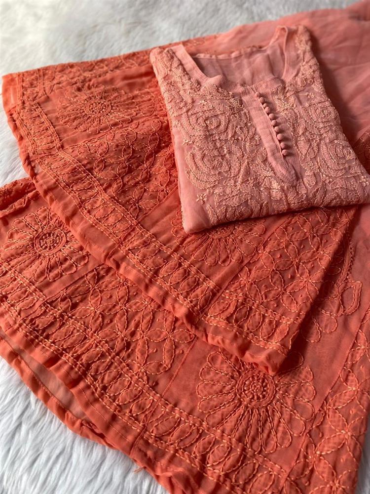 Chikankari Georgette Kurti With Sarara Dupatta Set