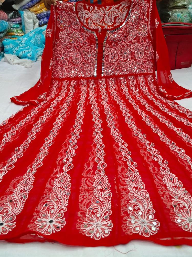 Chikankari Yog Neck Anarkali Kurti Mirrowork
