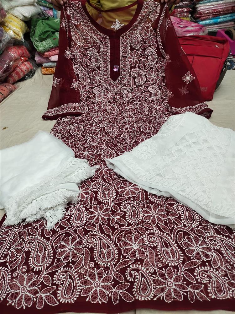 Chikankari Front Jaal Kurti With Sarara Dupatta 