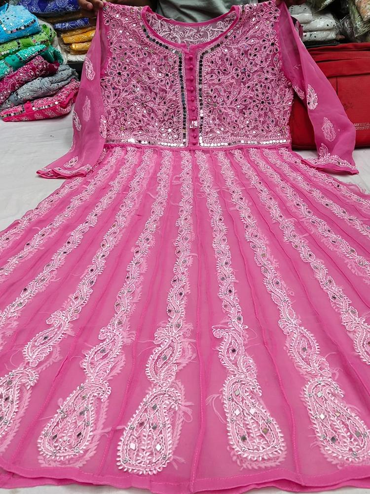 Chikankari Yog Neck Anarkali Kurti Mirrowork